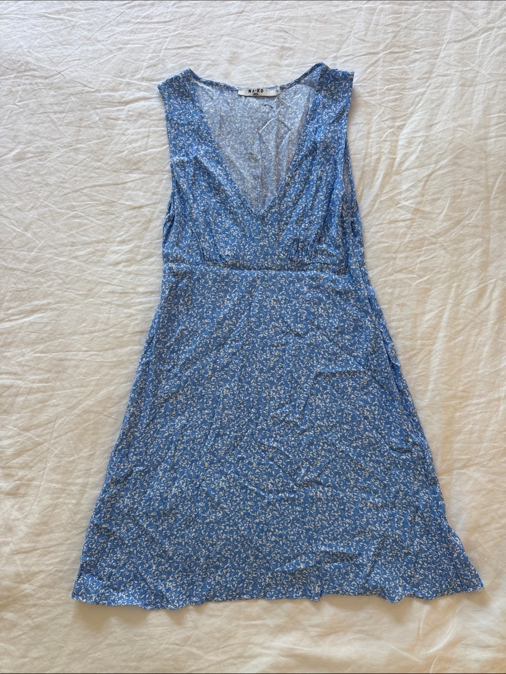 Blue Micro-Floral V-Neck Sleeveless Dress